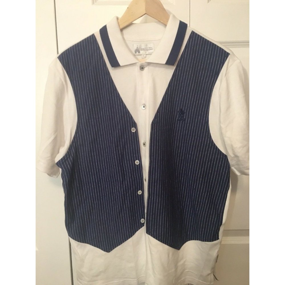 Disneyland Hong Kong Button Up Short Sleeve‎ Men Shirt Vest White Blue Sz L